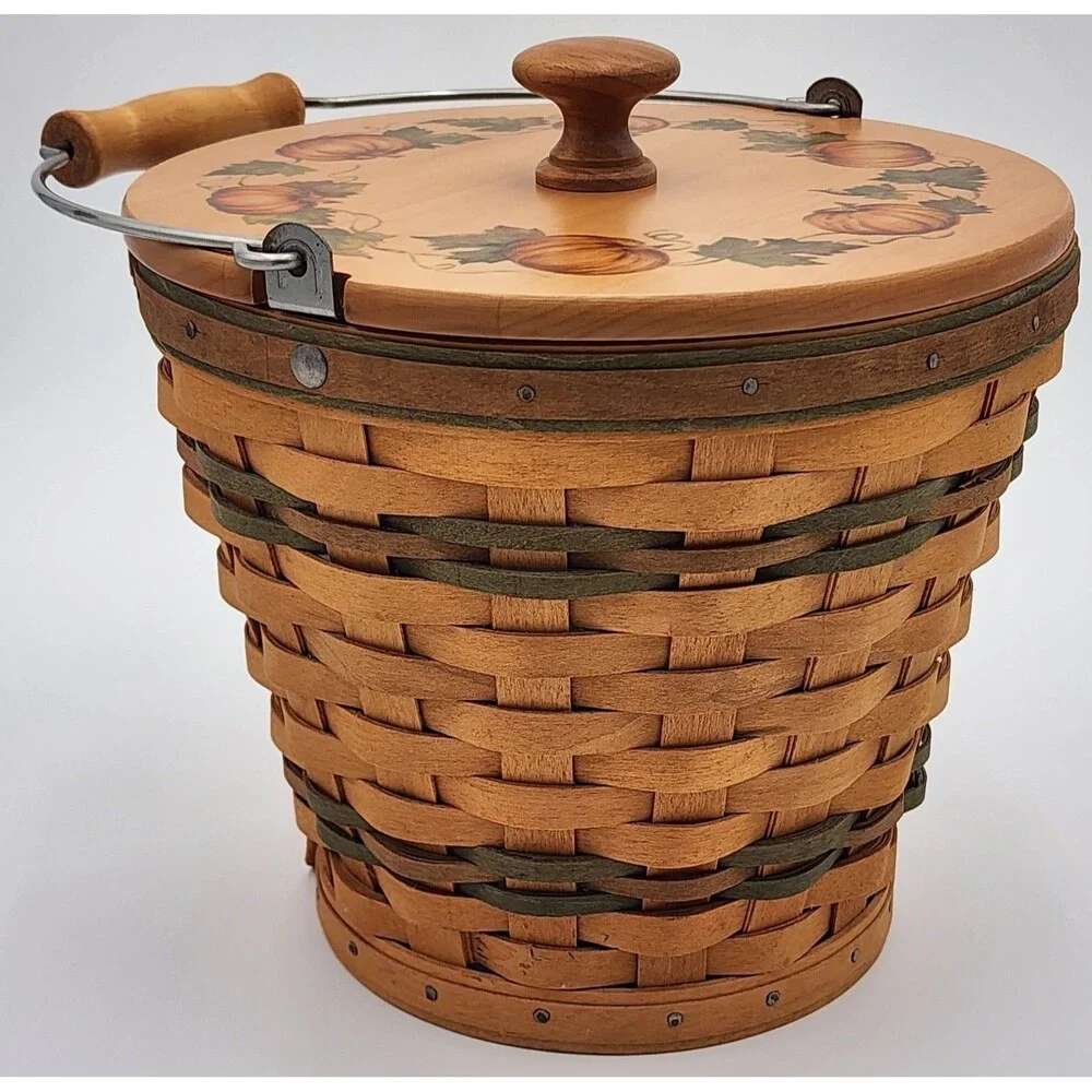 *SIGNED* '02 Longaberger Sage Autumn Round Pail Basket w/Handle, Protector & Lid